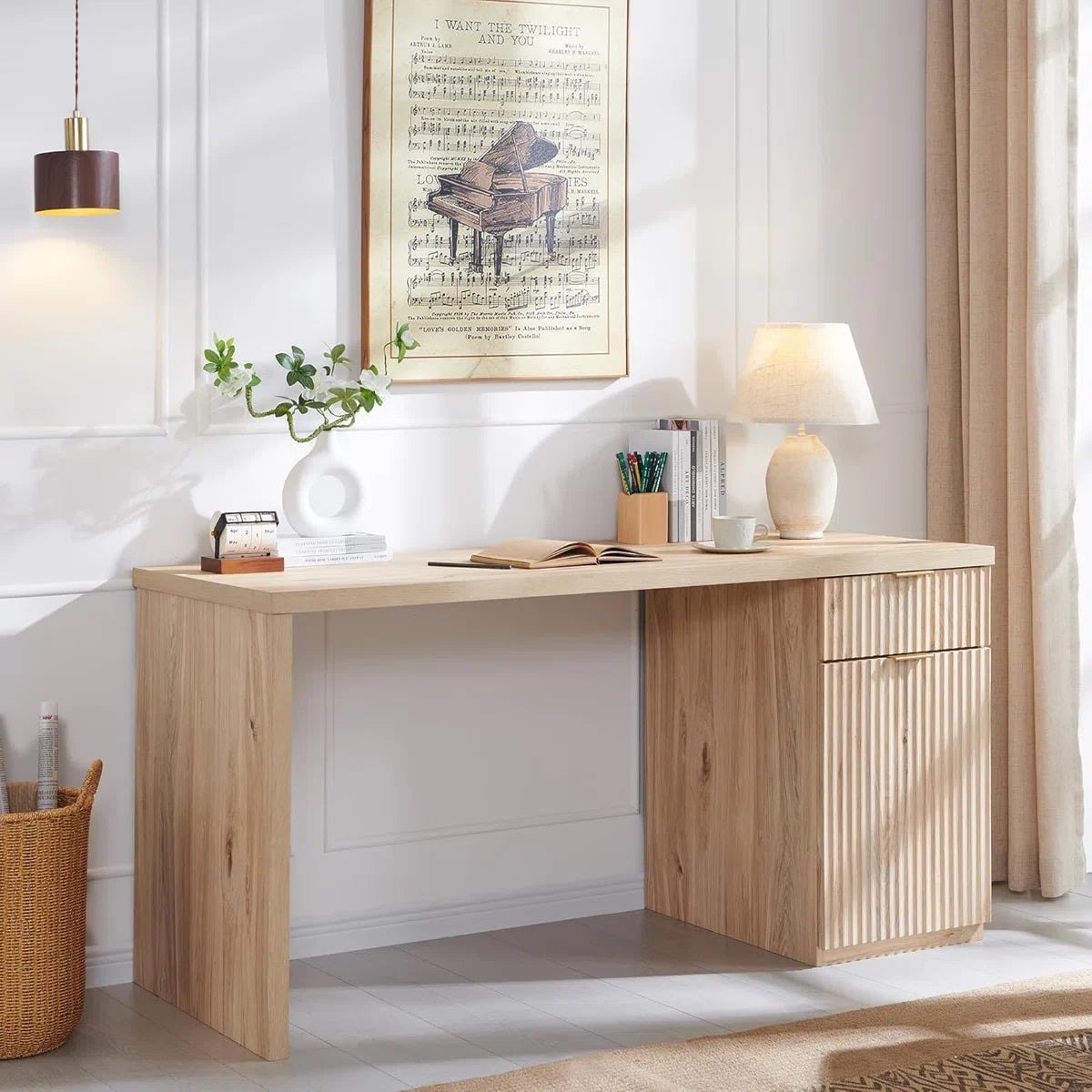 Modern Executive Desk With Storage, Wood Home Office Desk With Drawer & Cabinet