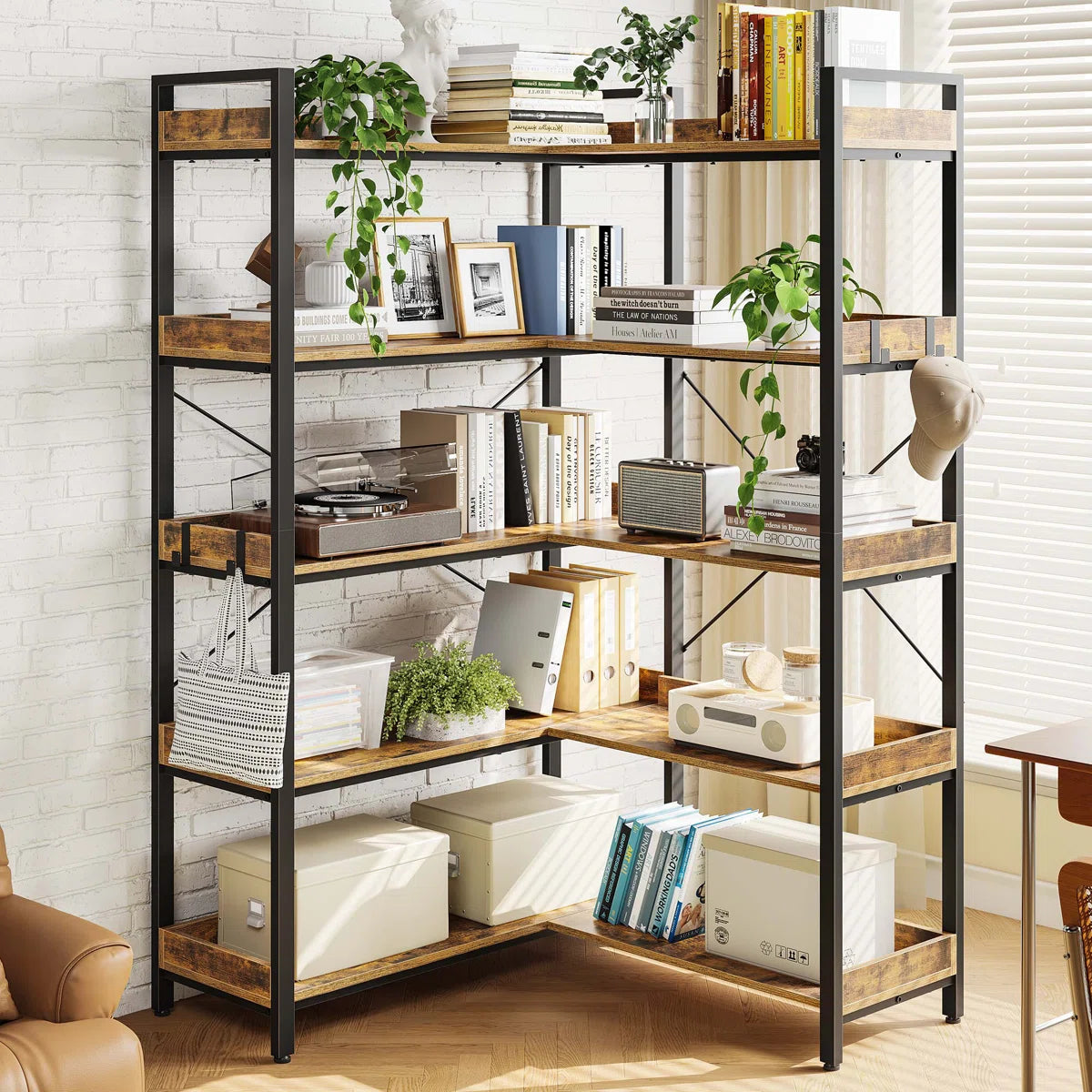 Grijalva Corner Bookcase And Bookshelves Double Wide Bookshelf, Large Etagere Bookshelf Open Display Shelves With Metal Frame For Living Room Bedroom Home Office