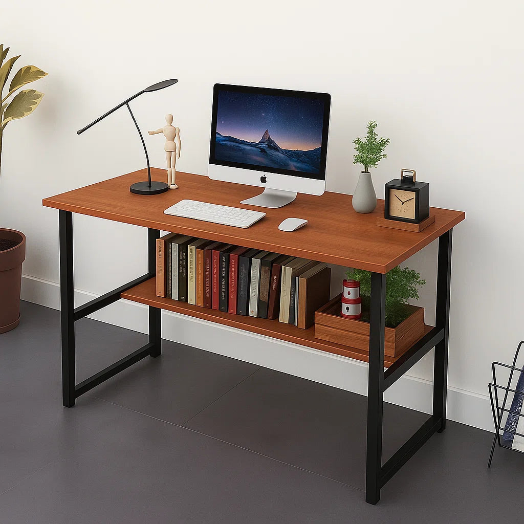 Simple Writing Desk With Storage Shelf, Minimalist Study Table For Small Spaces, Sturdy Engineered Wood Desktop, Home Office Desk 39.4" X 19.7", Easy Clean Surface