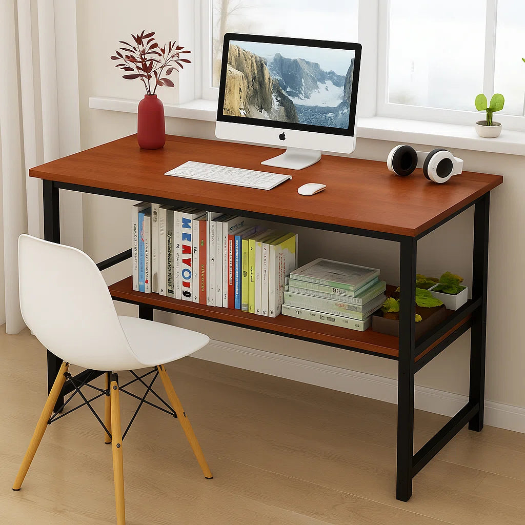 Simple Writing Desk With Storage Shelf, Minimalist Study Table For Small Spaces, Sturdy Engineered Wood Desktop, Home Office Desk 39.4" X 19.7", Easy Clean Surface