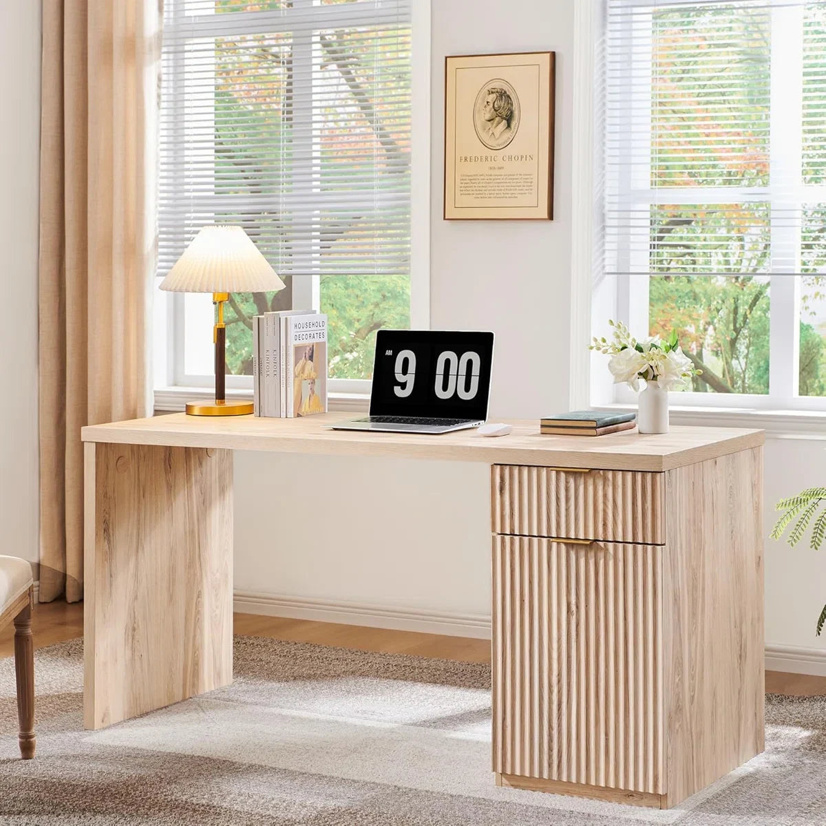 Modern Executive Desk With Storage, Wood Home Office Desk With Drawer & Cabinet