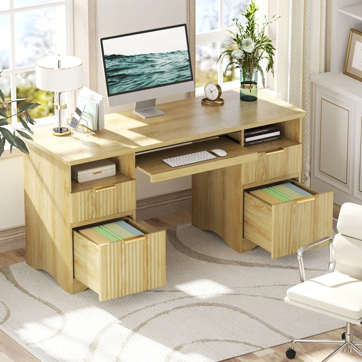 Luing 59''Fluted Executive Desks with File and Storage Drawers , Computer Writing Desk with Keyboard Tray, Home Office Desks with Cable Management and 2 Open Compartments