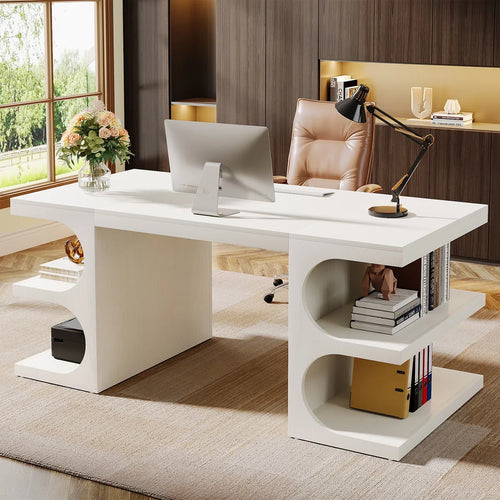 62" White Computer Desk For Home Office, Modern Executive Office Desk with Storage Shelves