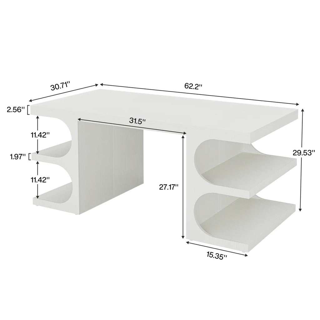 62" White Computer Desk For Home Office, Modern Executive Office Desk with Storage Shelves