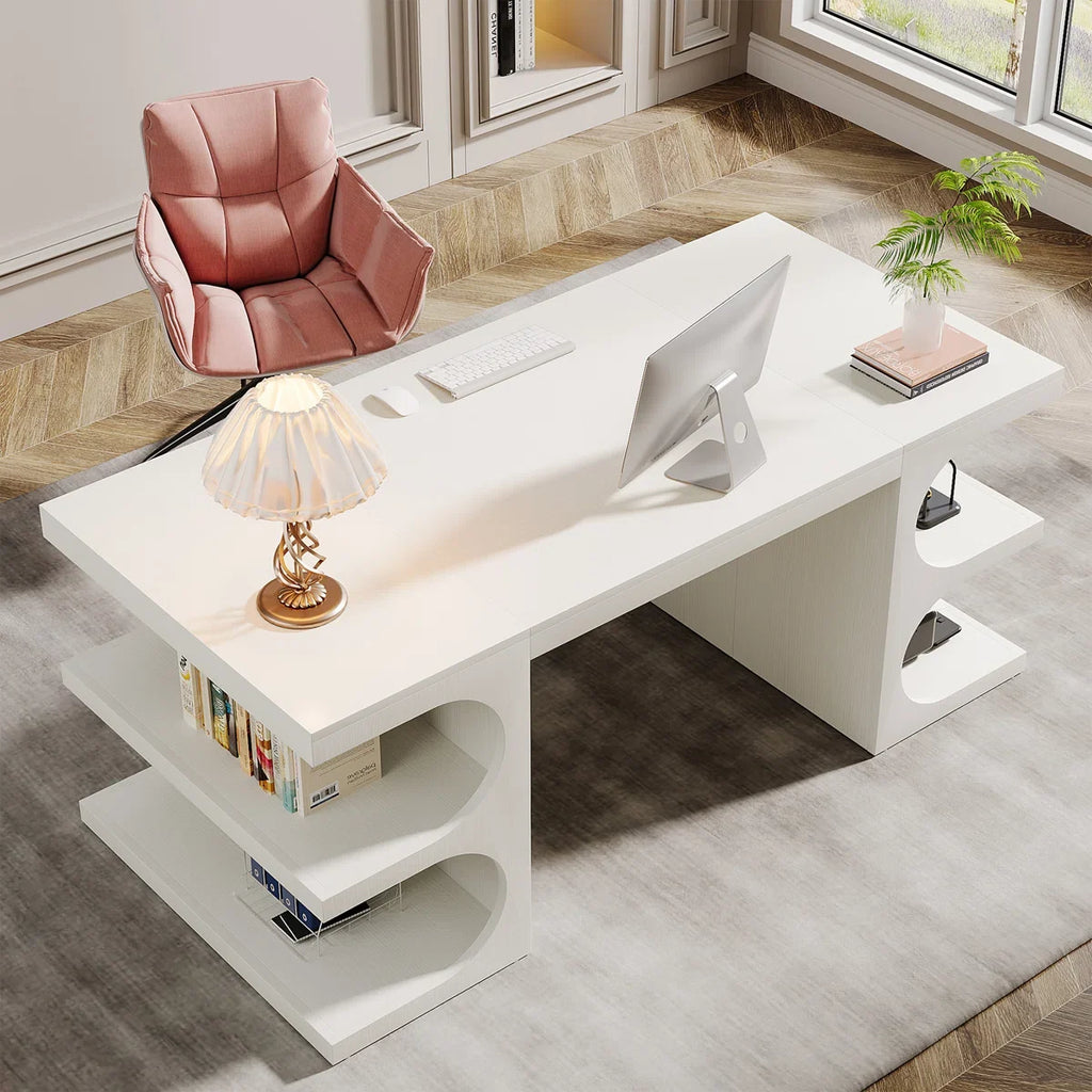 62" White Computer Desk For Home Office, Modern Executive Office Desk with Storage Shelves