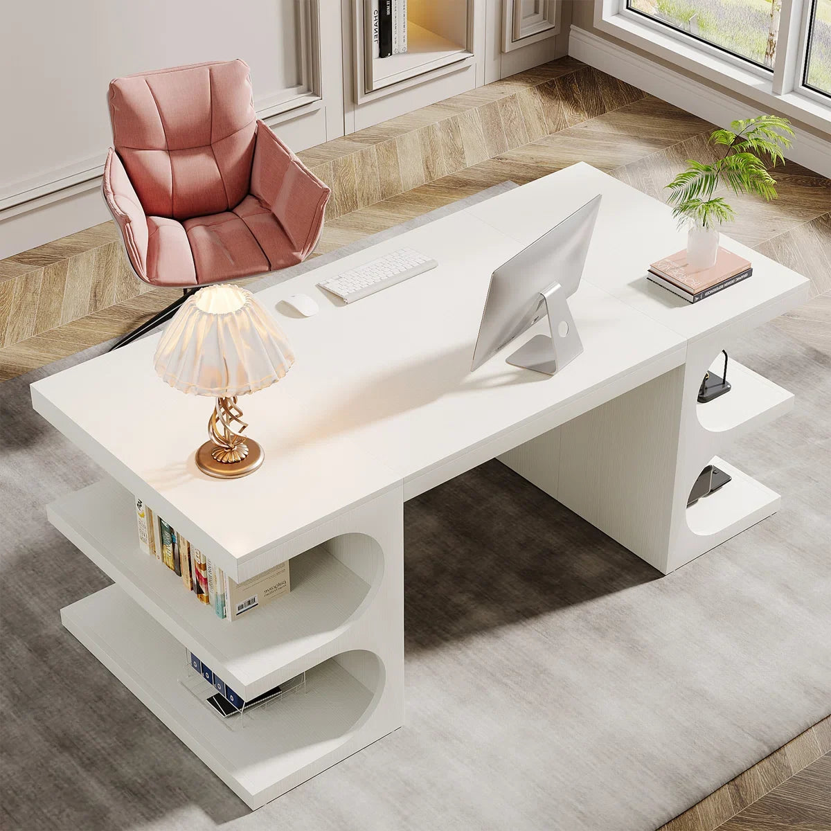 62" White Computer Desk For Home Office, Modern Executive Office Desk with Storage Shelves