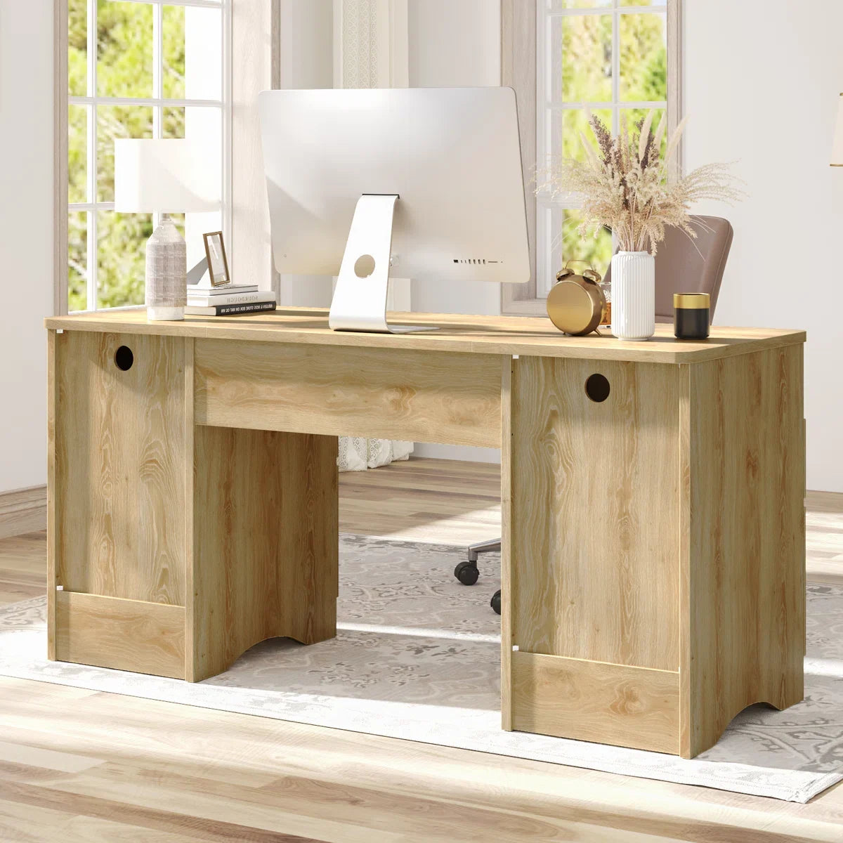 Luing 59''Fluted Executive Desks with File and Storage Drawers , Computer Writing Desk with Keyboard Tray, Home Office Desks with Cable Management and 2 Open Compartments