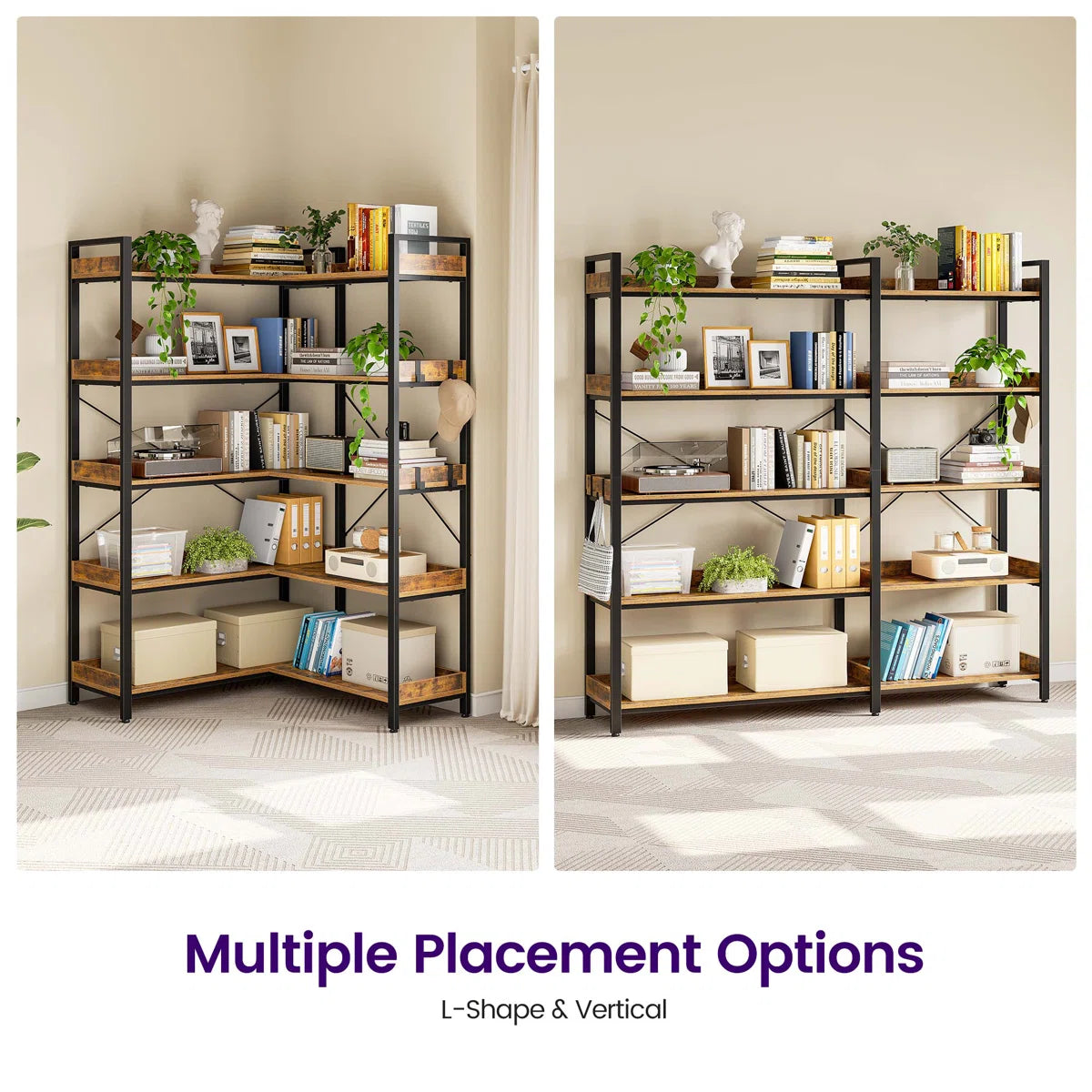 Grijalva Corner Bookcase And Bookshelves Double Wide Bookshelf, Large Etagere Bookshelf Open Display Shelves With Metal Frame For Living Room Bedroom Home Office