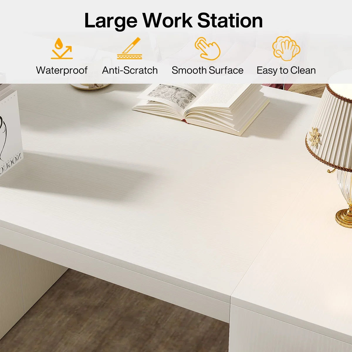 62" White Computer Desk For Home Office, Modern Executive Office Desk with Storage Shelves