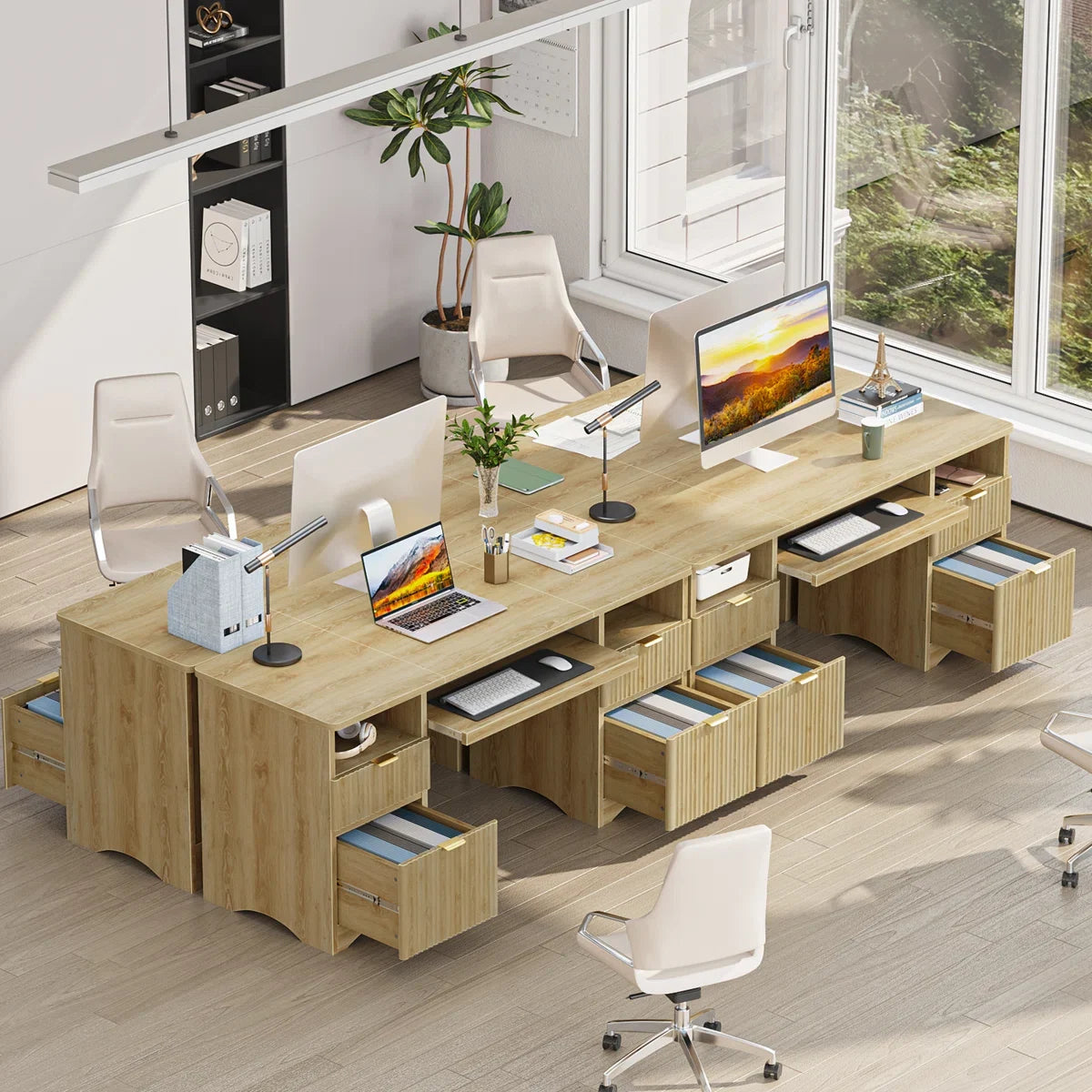 Luing 59''Fluted Executive Desks with File and Storage Drawers , Computer Writing Desk with Keyboard Tray, Home Office Desks with Cable Management and 2 Open Compartments