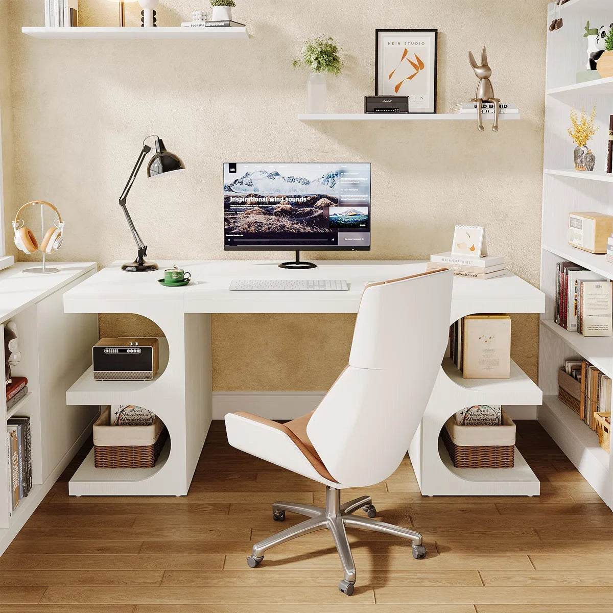 62" White Computer Desk For Home Office, Modern Executive Office Desk with Storage Shelves