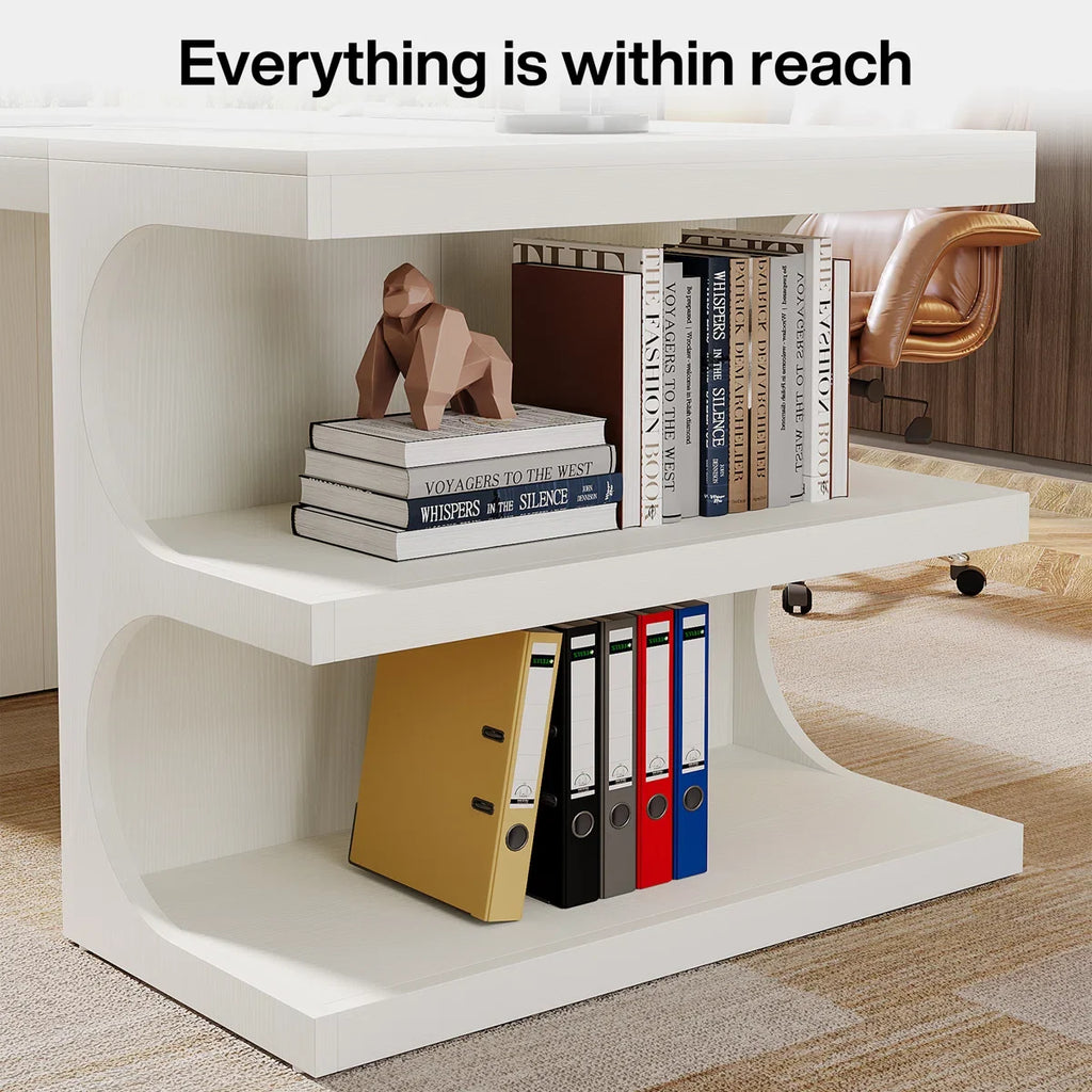 62" White Computer Desk For Home Office, Modern Executive Office Desk with Storage Shelves