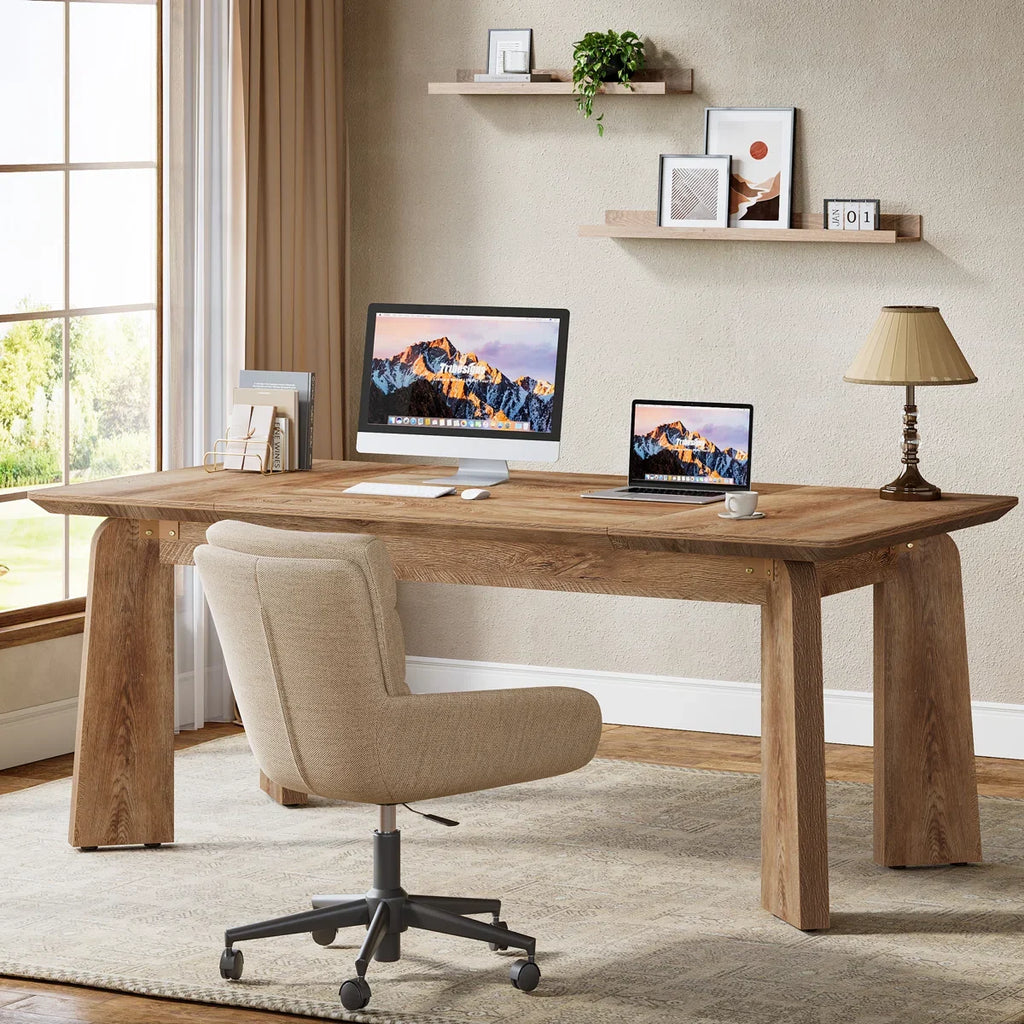 62-Inch Large Executive Office Modern Computer Desk, Study Writing Table Workstation for Home Office, Bedroom, Living Room, Rustic Brown