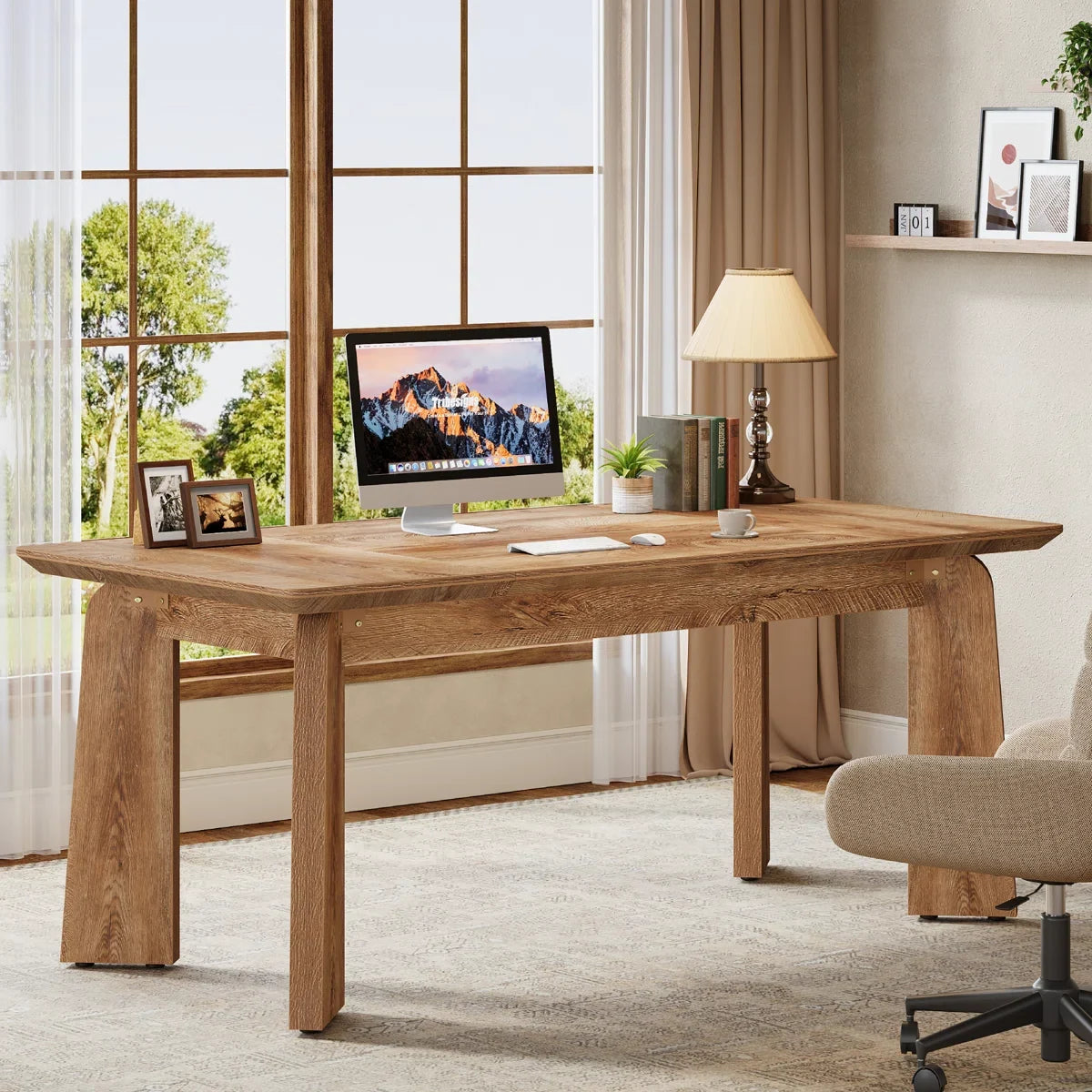 62-Inch Large Executive Office Modern Computer Desk, Study Writing Table Workstation for Home Office, Bedroom, Living Room, Rustic Brown