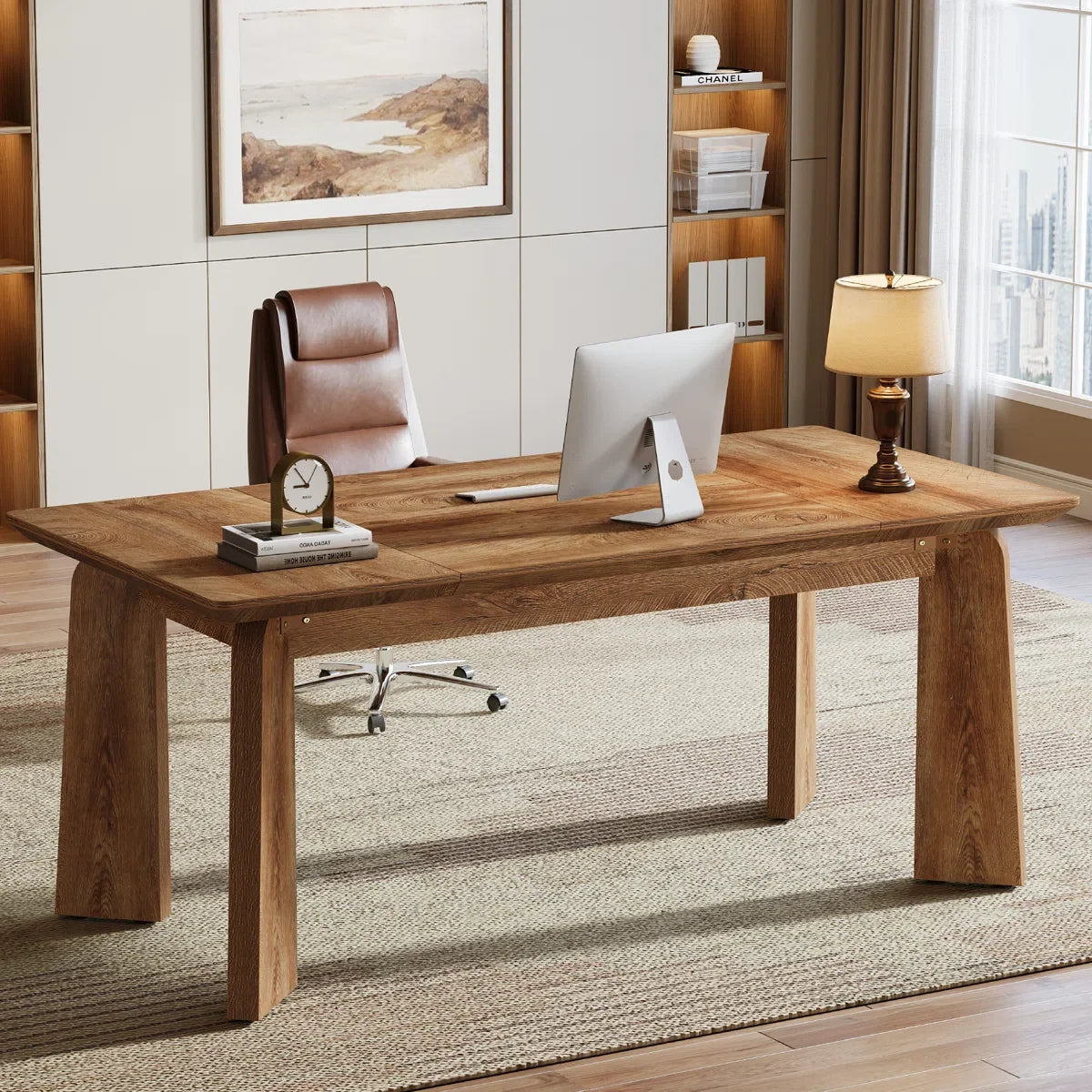 62-Inch Large Executive Office Modern Computer Desk, Study Writing Table Workstation for Home Office, Bedroom, Living Room, Rustic Brown